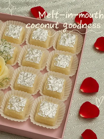 Our Nariyal ki Chakki is a classic for a reason. Each piece is made from fresh coconut and has a melt-in-your-mouth texture, finished with delicate silver varq. It’s a perfect sweet for gifting or just to treat yourself.