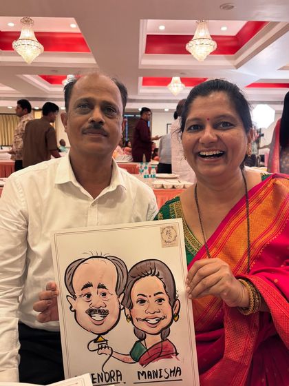 A fun couple's caricature with a balloon theme, a playful take on a romantic portrait.