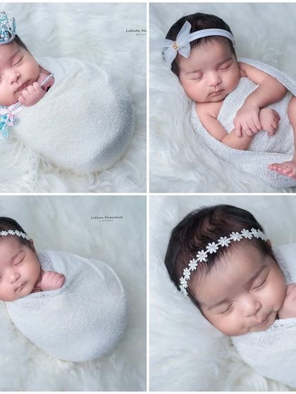 A collage showing four different angelic poses in a white theme, featuring props like a tiny crown and different headbands.