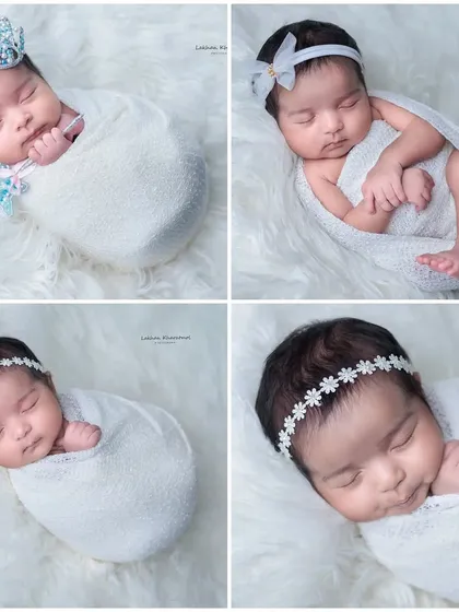 A collage showing four different angelic poses in a white theme, featuring props like a tiny crown and different headbands.