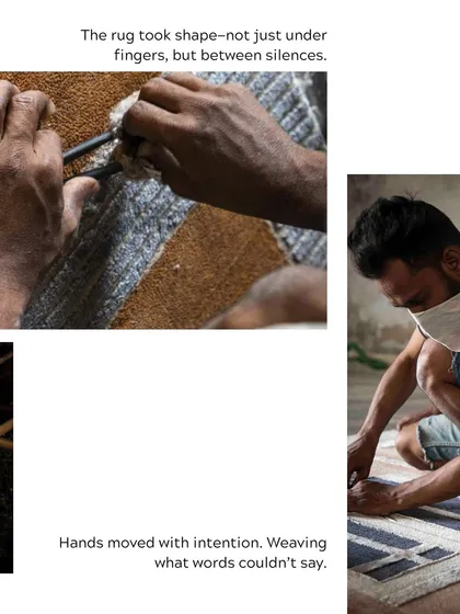 "Hands moved with intention, weaving what words couldn't say." This image captures the quiet, focused craftsmanship that brings our rug designs to life.