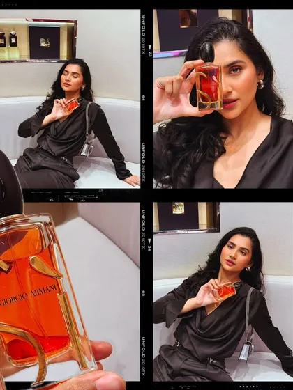 A film-strip style collage from the Armani Beauty event, showing different moments and product interactions.