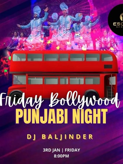 A creative poster for a Friday Bollywood and Punjabi Night at Escape Bar, using iconic imagery to capture the fun, desi theme.