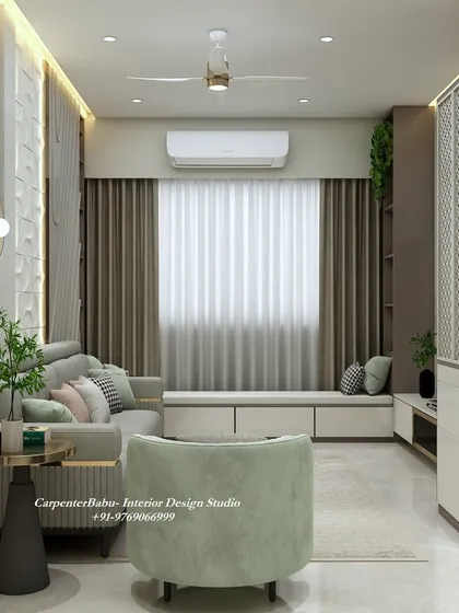 A cozy living room with a comfortable sofa, a window seat, and a stylish armchair. The mix of textures and soft colors makes it a perfect space for relaxation.