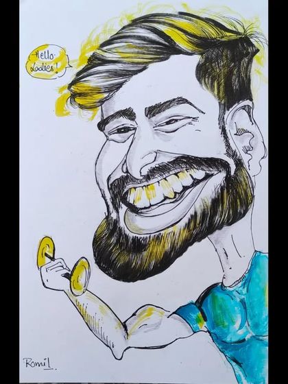 The "Hello ladies" gym caricature in its full glory. The mix of black ink and simple color splashes gives it a dynamic and modern feel.