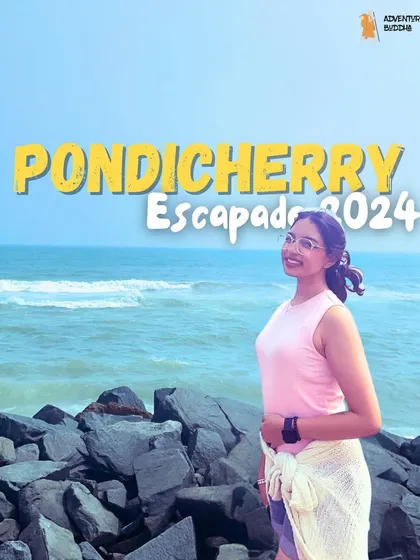 A graphic for our Pondicherry Escapade, featuring a traveler on the rocky beach.