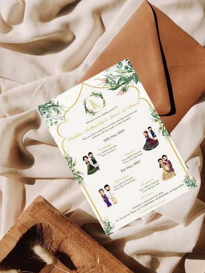 A styled shot of a tropical-themed wedding weekend itinerary. The card features cartoon couple illustrations for each event, framed by lush green leaves and pastel florals, making it a fun and informative guide for guests.
