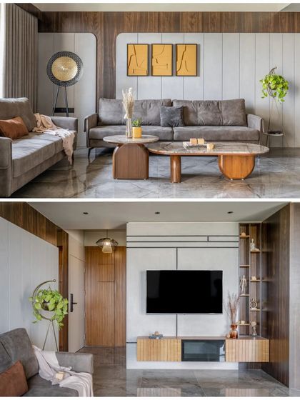 This split view shows the cohesive design language across the living area. The top image displays the seating arrangement with its warm wood and cool grey tones, while the bottom shows the corresponding TV unit, tying the entire space together with shared materials and clean lines.