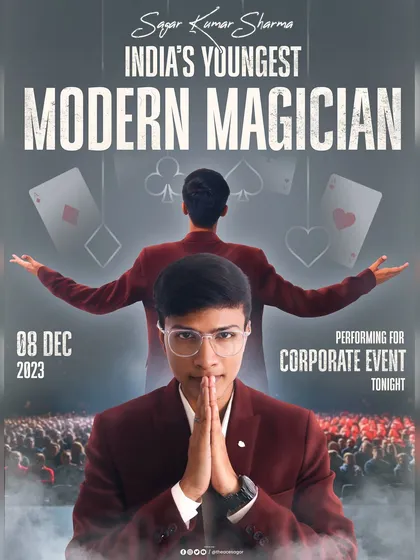 "Magic is the art of sparking wonder." A poster for a corporate event, highlighting my role as India's Youngest Modern Magician.