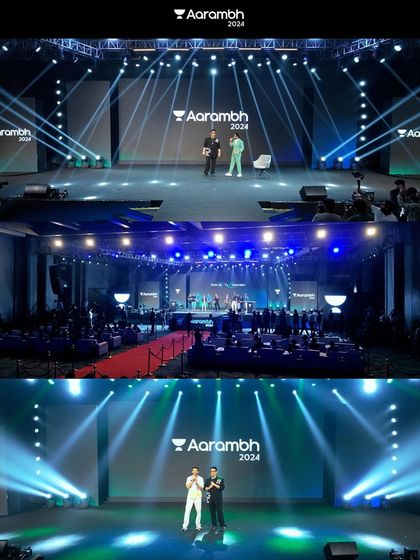 A collage of indoor shots from the Unacademy Aarambh 2024 corporate event. These images display the professional stage setup, keynote speakers, and the large audience, demonstrating my ability to cover key moments of a corporate conference.