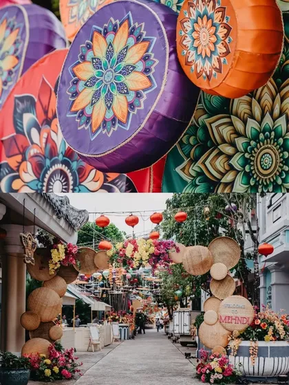 A collage of street-style decor for a mehendi event. It shows an alley decorated with hanging lanterns, floral arrangements, and an arch made of woven elements, creating a unique and immersive experience.