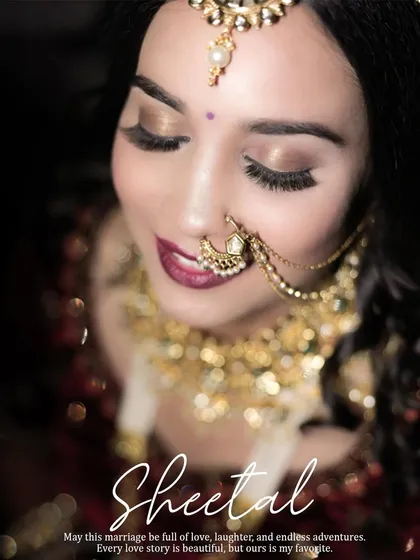 A beautiful and serene portrait of the bride, her face gently tilted down. The image is personalized with her name and a heartfelt message, making it a wonderful memory.