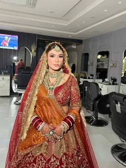 The complete look, ready to go. This photo shows how the makeup, hair, and outfit all come together to create a breathtaking bridal moment right here in my Ashok Vihar studio.