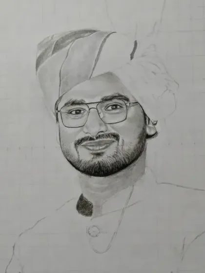 A work-in-progress shot of the Rajasthan commission, with the face fully rendered and the body outlined.