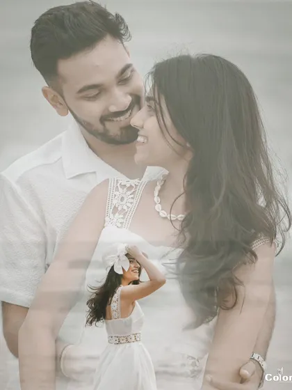 A dreamy double-exposure edit blending a close-up of the couple with a solo portrait of the bride-to-be.
