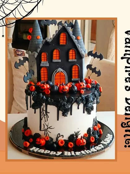 A spooky and spectacular haunted house cake, perfect for a "Vampire's Delight" Halloween party.