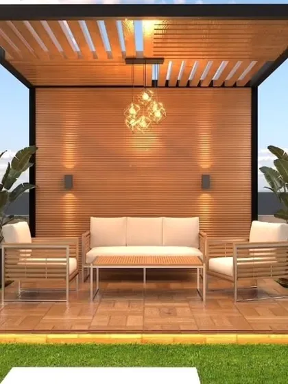 A simpler, elegant pergola design with a slatted roof and wood-paneled back wall, creating a clean and modern look.