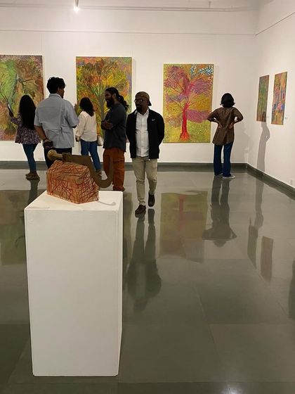 Visitors at the exhibition 'ME, AMMA, WE', a unique show featuring works by artist Unnikrishnan C and his mother, Devu Nenmara.