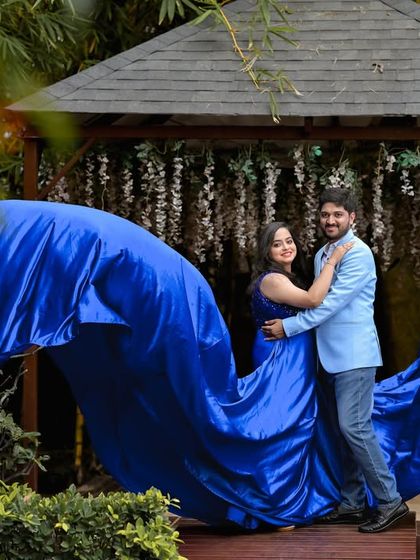 Another stunning shot of the flowing blue gown at our garden gazebo.