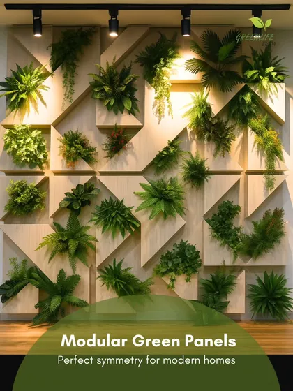 For a modern and architectural look, we design modular green panels. This installation uses geometric wooden frames to display curated plant arrangements, creating a symmetrical and highly stylized feature wall.