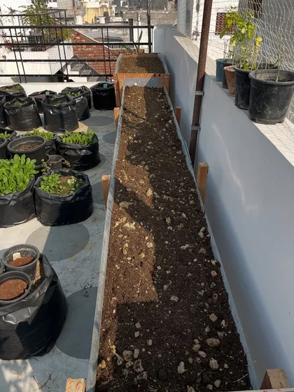 The same raised bed, just after filling it with my special potting mix. It's ready for planting. Building your own containers allows you to customize them for your specific terrace layout.