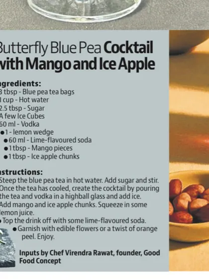 A close-up of our recipe feature in HT City for the Butterfly Blue Pea Cocktail with Mango and Ice Apple.