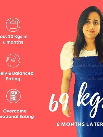 Six months later, Firdosh is at 69 kgs. Her success came from timely, balanced eating and overcoming emotional eating habits, which are key areas I focus on with my clients.