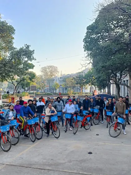 Our riders assemble in the colonial-era corridors of Connaught Place, another key feature of our Lutyens' tour. The architecture here tells the story of a different chapter in Delhi's history.