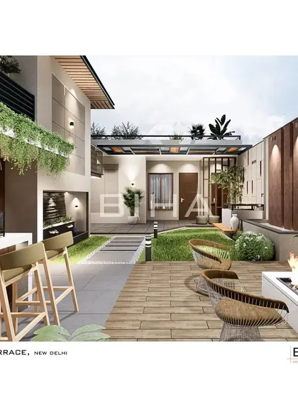 A comprehensive view of our "102 Terrace" project design, illustrating how different functional zones connect. This perspective shows the flow from the indoor space to the outdoor bar, fire pit lounge, and green areas, creating a cohesive and expansive living environment.