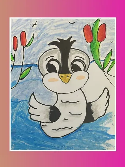 An adorable penguin character created by one of our students. We encourage kids to not only draw existing characters but also to invent their own.