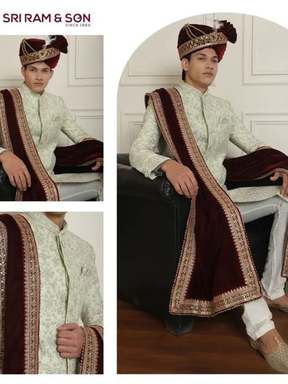 Unleash the charm of royalty with a sherwani that speaks of heritage. This look, featuring a rich maroon velvet stole, adds a touch of grandeur to the intricate base.