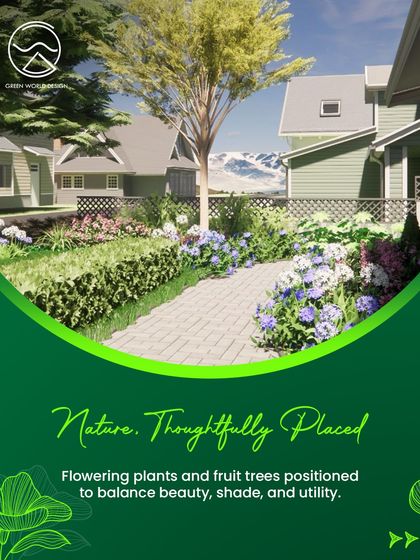 Nature, thoughtfully placed. This render illustrates how we position flowering plants and fruit trees to balance beauty, provide shade, and add utility to the garden, ensuring every element has a purpose.
