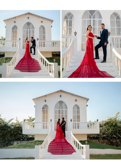 A stunning collage of Ronit and Ritu's shoot at a Santorini-themed location, with the bride's red trail gown creating a spectacular visual.