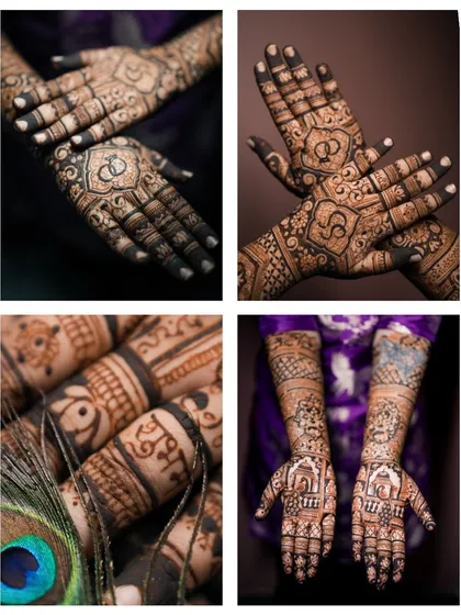 A collage of professionally shot photos of an engagement mehndi, highlighting the initials, rings, and peacock feather details.