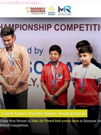 Our sub-youth team, Vansh, Harshit, and Arnav, on the podium after winning the Team Bronze in 10m Air Pistol at the Haryana Inter School Competition. We build champions from the ground up.
