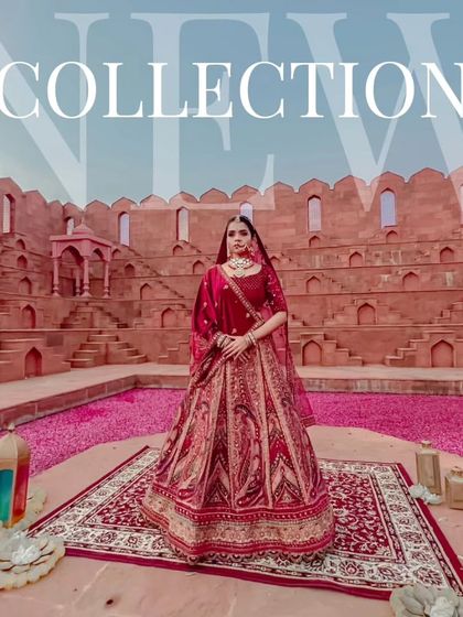 Another look at the red bridal lehenga, overlaid with "NEW COLLECTION" text to grab attention.