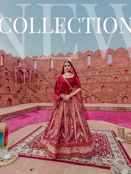 Another look at the red bridal lehenga, overlaid with "NEW COLLECTION" text to grab attention.