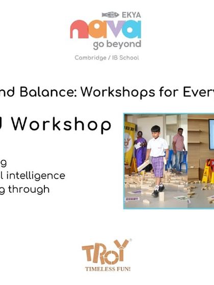 This poster for the TROY World Workshop highlights creative engineering with building blocks. It's an invitation for curious young minds to explore spatial intelligence and problem-solving through hands-on construction.