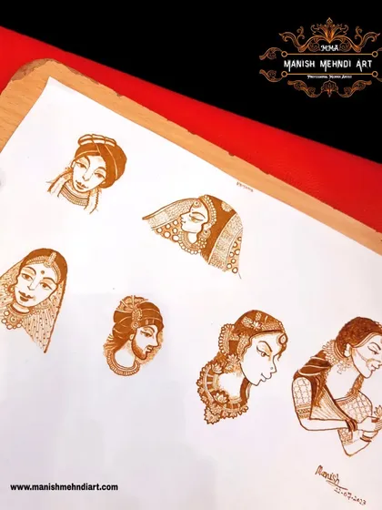 More practice sketches of bridal and groom figures. Each face tells a story, and my goal is to capture that story in my mehndi art.