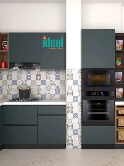 This view focuses on the cooking zone, featuring patterned backsplash tiles that add personality. I integrated wicker baskets for vegetable storage, blending natural textures with modern finishes for a unique look.