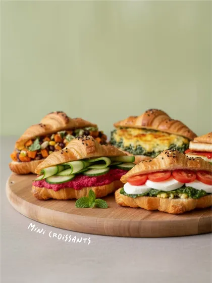 My mini croissants are made to impress, whether for a high tea, brunch, or party. I offer a range of savory fillings, like this one with house-made pesto and fresh vegetables, as well as sweet options like berry cream or peanut butter banana.