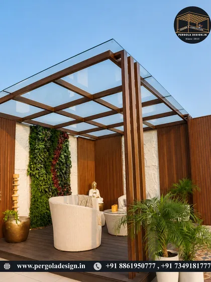 We transform urban rooftops into serene escapes. This modern glass roof pergola creates a bright, protected space that perfectly complements the clean lines of the home, a vertical garden, and minimalist furniture, proving that luxury can exist anywhere.