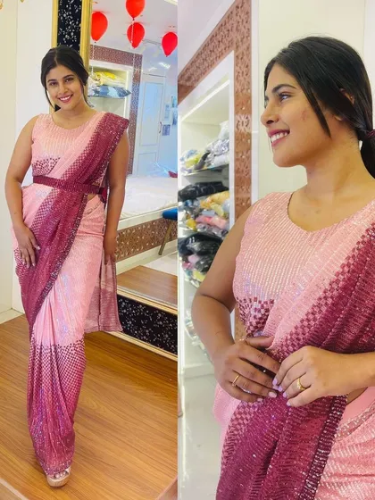 This ready-to-wear sequin saree in shades of pink and maroon is perfect for a cocktail party. It comes with a matching belt to create a chic and modern silhouette effortlessly.