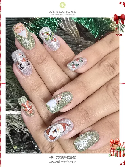 Another view of the hand-painted holiday nails. This shows how each nail tells a part of the festive story, creating a cohesive and fun holiday manicure.