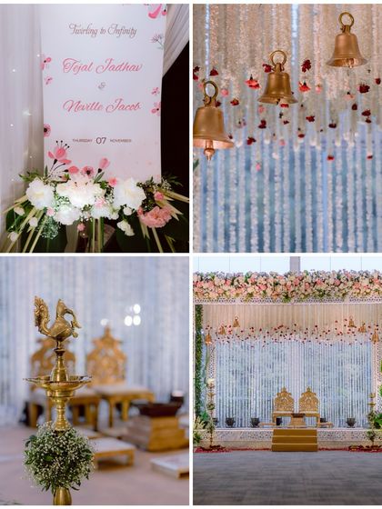 A collage of the beautiful and delicate decor details from the wedding ceremony, from the welcome sign to the floral arrangements and traditional lamps.