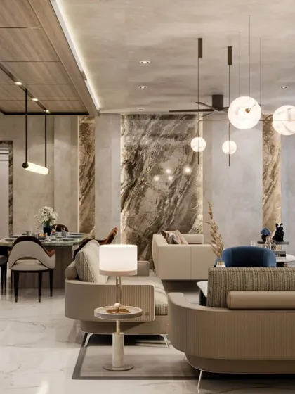 We designed this Delhi residence with distinct formal and informal living areas to suit our client's lifestyle. The space features luxurious Italian marble on the walls and floors, texture-painted surfaces, and a sleek wooden panel ceiling, all unified by sophisticated lighting to create an atmosphere of refined comfort.