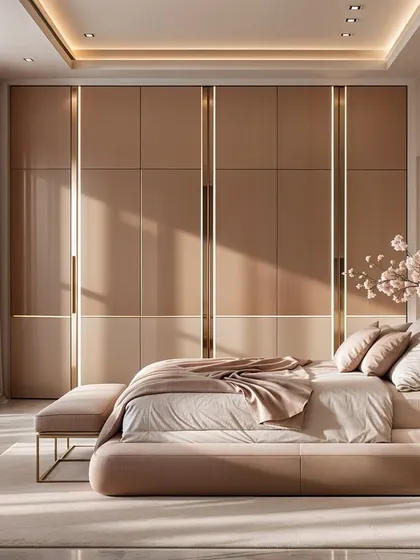 This concept features wardrobes with integrated vertical lighting, adding a modern and luxurious touch to the warm, sunlit bedroom.