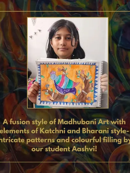 Aashvi's fusion style Madhubani art combines intricate Katchni patterns with colorful Bharani filling.