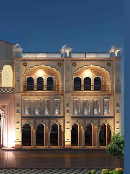 This angle on the Rakab Ganj Sahib project highlights the chhatris (pavilions) on the roofline, a classic feature of Mughal and Rajput architecture that we integrated into the design.