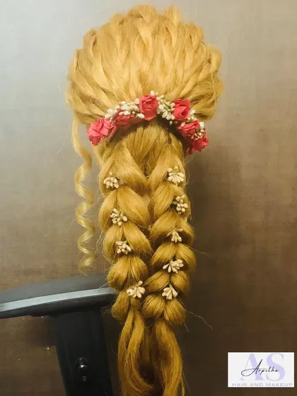 Practice makes perfect. On our mannequins, you will learn to execute complex styles like this multi-strand, pull-through braid, complete with floral and pearl accessories for a rich, textured look.